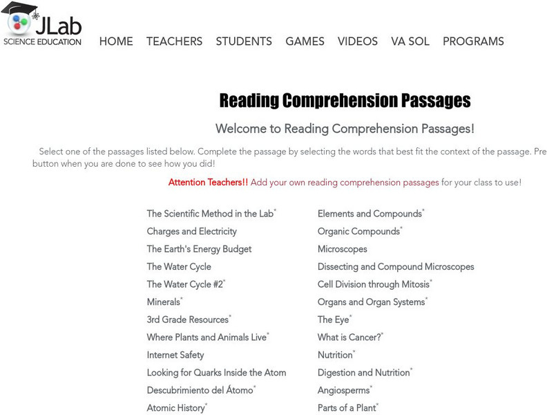 Jefferson Lab: Reading Comprehension Passages Unknown Type Jefferson Lab: Reading Comprehension Passages Unknown Type