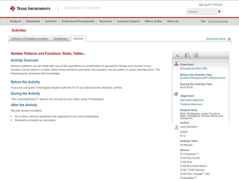 Texas Instruments: Number Patterns and Functions: Rules, Tables Activity Texas Instruments: Number Patterns and Functions: Rules, Tables Activity