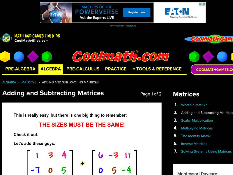 Coolmath: Adding and Subtracting Matrices Activity Coolmath: Adding and Subtracting Matrices Activity