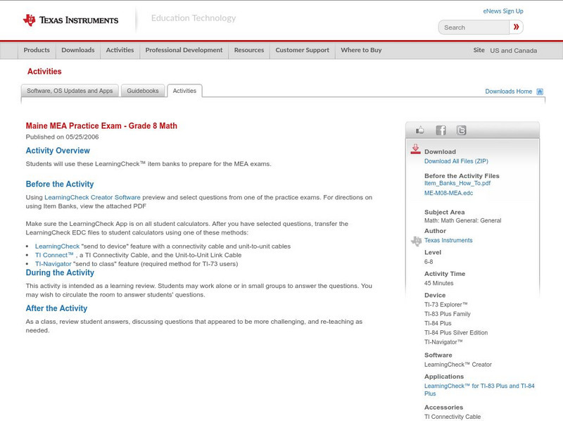 Texas Instruments: Maine Mea Practice Exam Grade 8 Math Activity