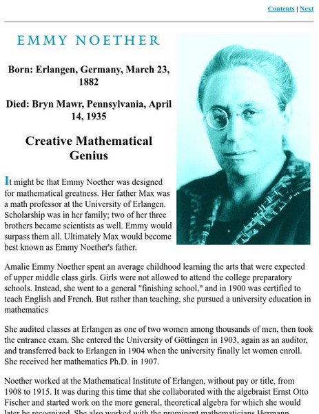 Sdsc: Emmy Noether Creative Mathematical Genius Handout Sdsc: Emmy Noether Creative Mathematical Genius Handout