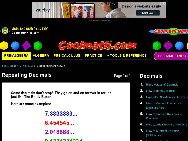 Coolmath: Decimals Repeating Decimals Activity