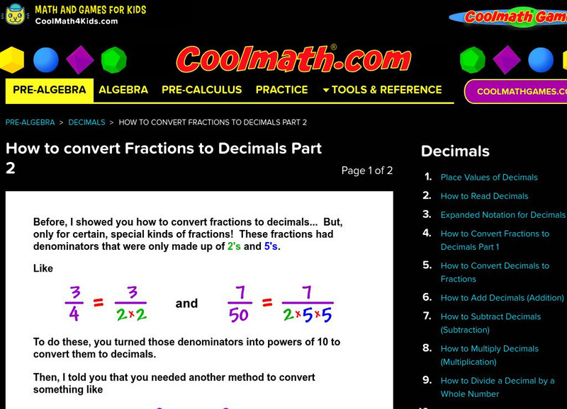 Coolmath: Decimals How to Convert Fractions to Decimals Part 2 Activity Coolmath: Decimals How to Convert Fractions to Decimals Part 2 Activity