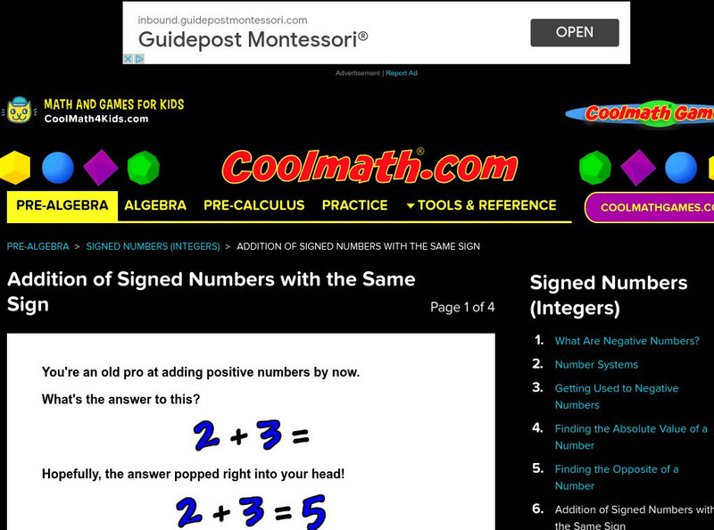 Coolmath: Addition of Signed Numbers With the Same Sign Activity Coolmath: Addition of Signed Numbers With the Same Sign Activity