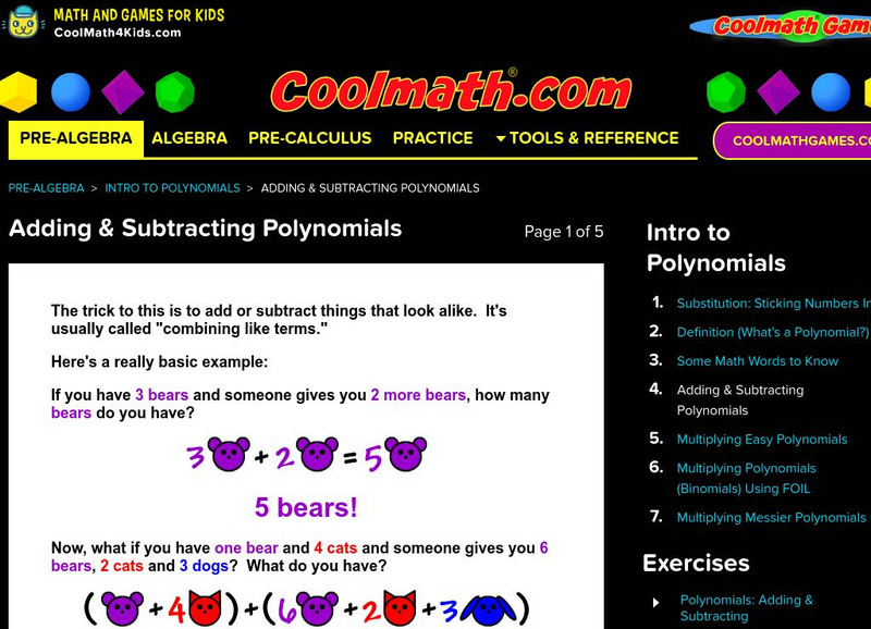 Coolmath: Adding & Subtracting Polynomials Activity Coolmath: Adding & Subtracting Polynomials Activity