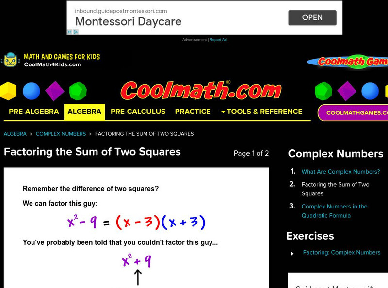 Coolmath: Complex Numbers Factoring the Sum of Two Squares Activity