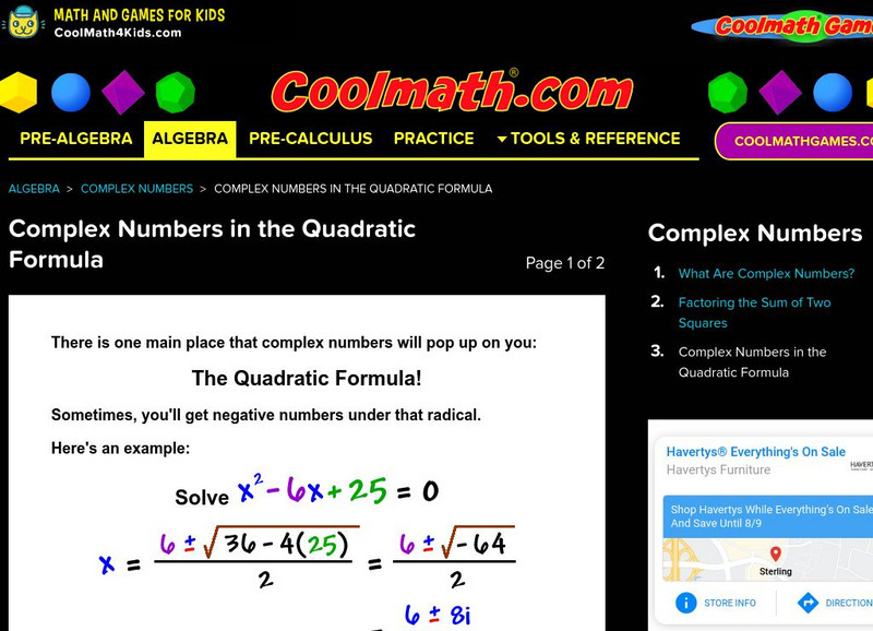 Coolmath: Complex Numbers in the Quadratic Formula Activity Coolmath: Complex Numbers in the Quadratic Formula Activity