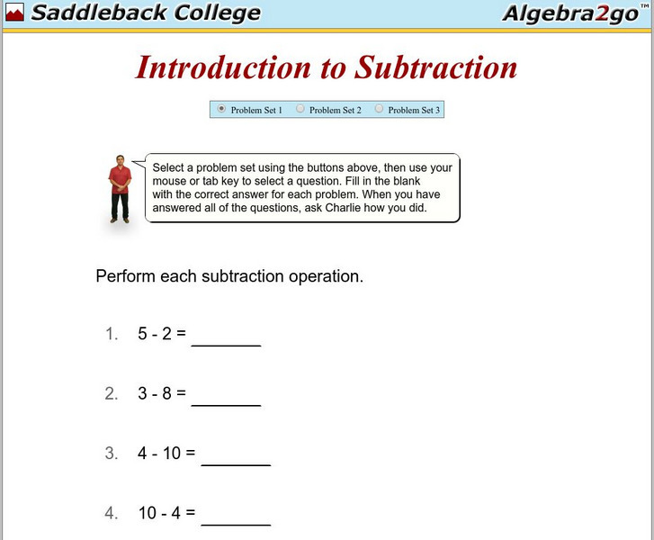 Algebra2go: Introduction to Subtraction Problem Sets Unit Plan