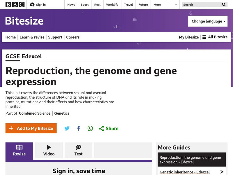 Bbc: Gcse Bitesize: Reproduction, the Genome and Gene Expression Unit Plan Bbc: Gcse Bitesize: Reproduction, the Genome and Gene Expression Unit Plan