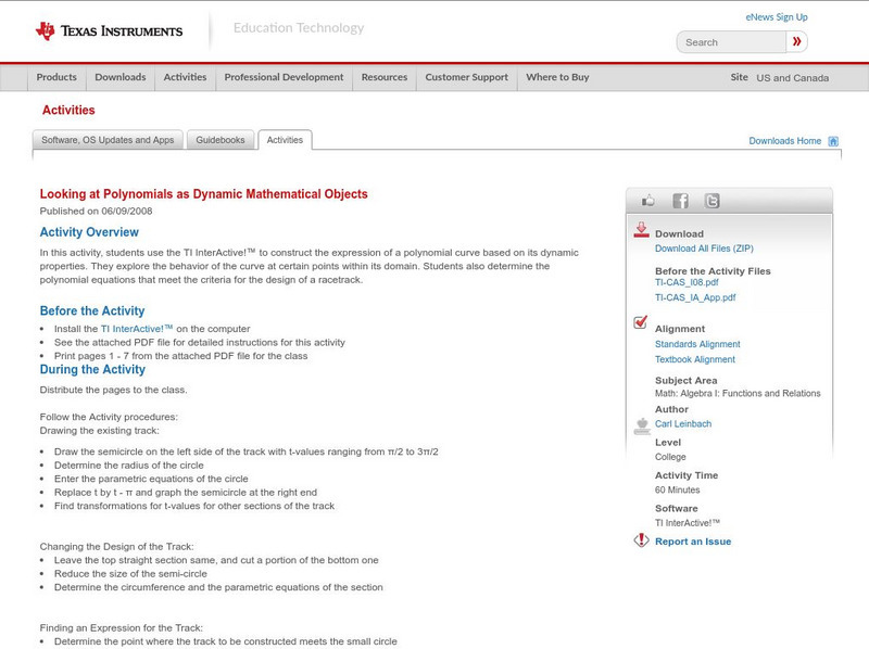 Texas Instruments: Looking at Polynomials as Dynamic Mathematical Objects Activity Texas Instruments: Looking at Polynomials as Dynamic Mathematical Objects Activity
