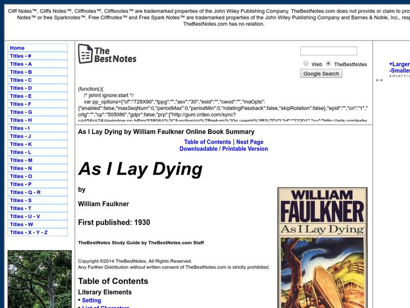 The Best Notes: As I Lay Dying by William Faulkner Unit Plan