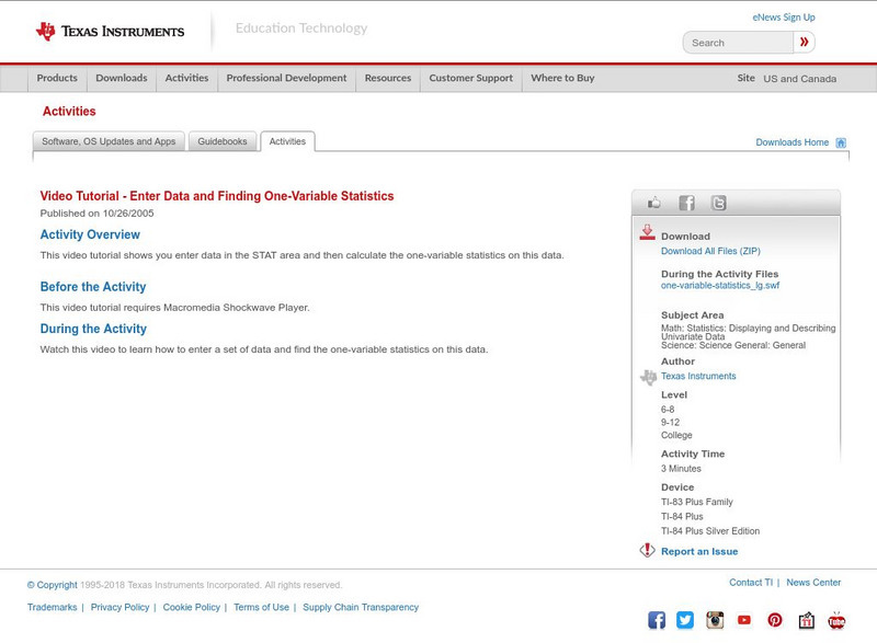 Texas Instruments: Enter Data and Finding One Variable Statistics Activity Texas Instruments: Enter Data and Finding One Variable Statistics Activity