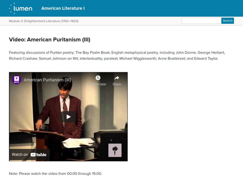 Lumen: Early American and Puritan Literature: Video: American Puritanism (Iii) Instructional Video