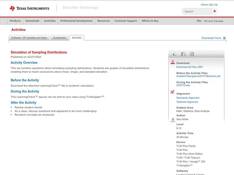 Texas Instruments: Simulation of Sampling Distributions Activity