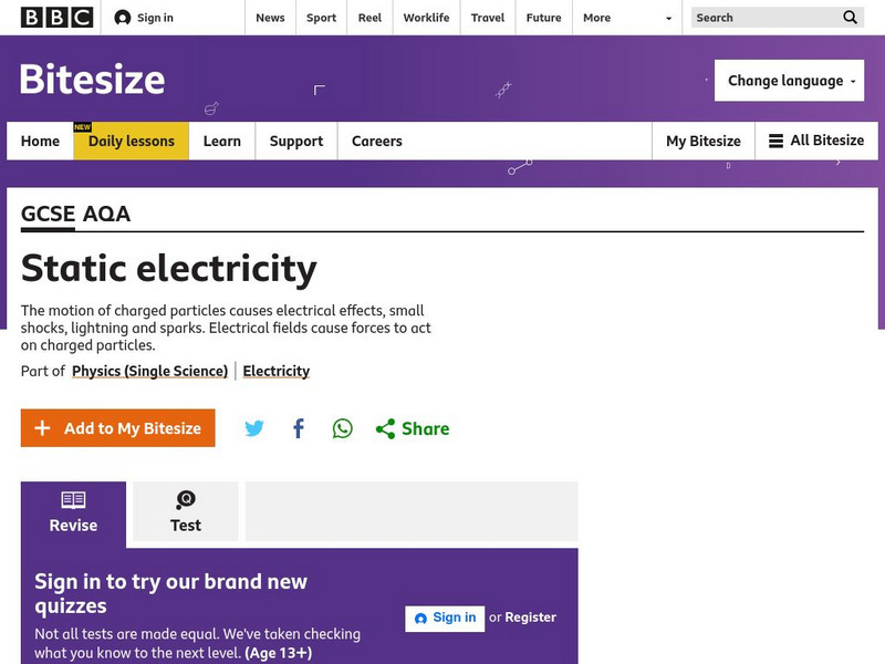 Bbc: Gcse Bitesize: Static Electricity Unit Plan Bbc: Gcse Bitesize: Static Electricity Unit Plan