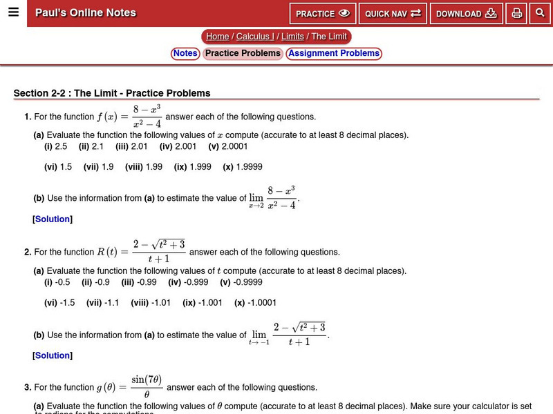 Paul's Online Notes: The Limit: Practice Problems Unknown Type Paul's Online Notes: The Limit: Practice Problems Unknown Type