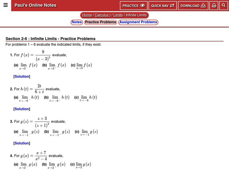 Paul's Online Notes: Infinite Limits: Practice Page Unknown Type Paul's Online Notes: Infinite Limits: Practice Page Unknown Type