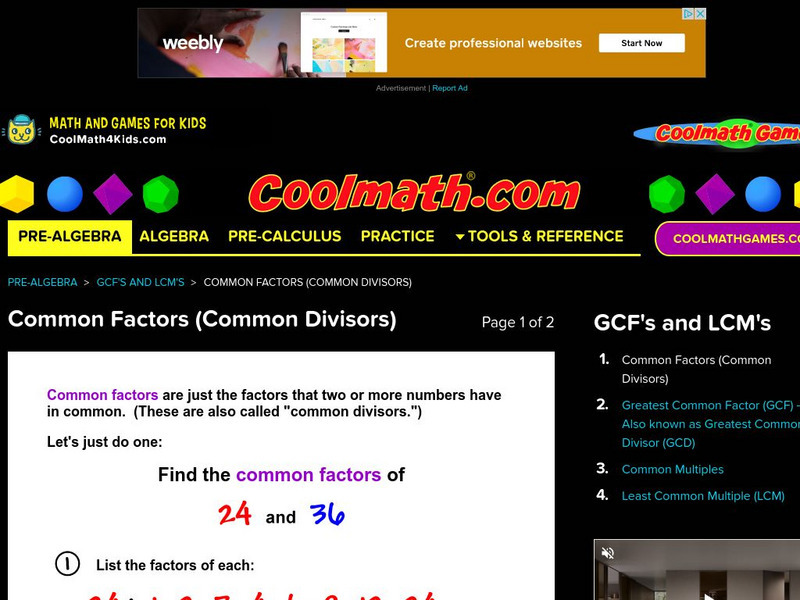 Coolmath: Gcf's and Lcm's Common Factors Activity Coolmath: Gcf's and Lcm's Common Factors Activity