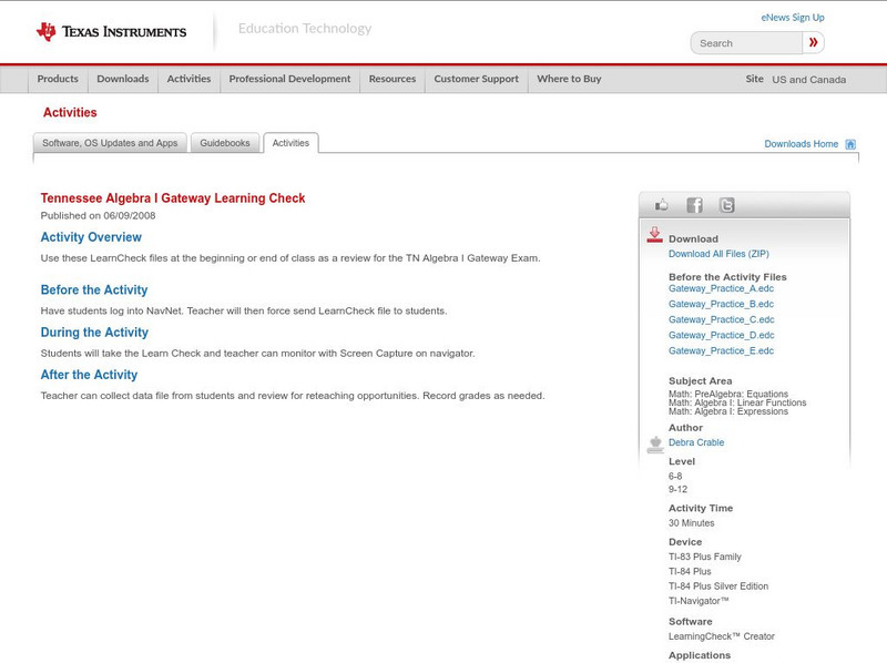 Texas Instruments: Tennessee Algebra I Gateway Learning Check Ii Activity