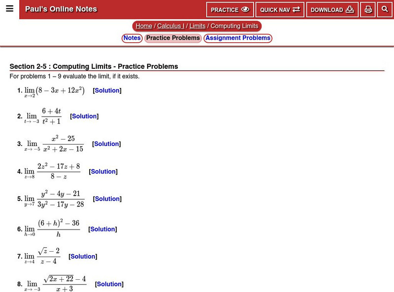 Paul's Online Notes: Computing Limits: Practice Page Unknown Type