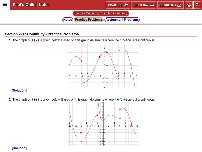 Paul's Online Notes: Continuity: Practice Problems Unknown Type Paul's Online Notes: Continuity: Practice Problems Unknown Type