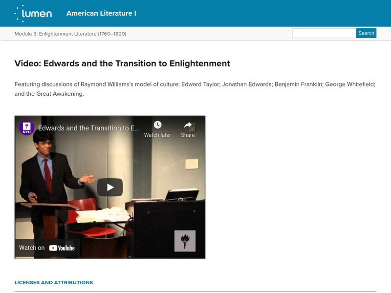 Lumen: American Literature: Video: Edwards and the Transition to Enlightenment Lesson Plan Lumen: American Literature: Video: Edwards and the Transition to Enlightenment Lesson Plan
