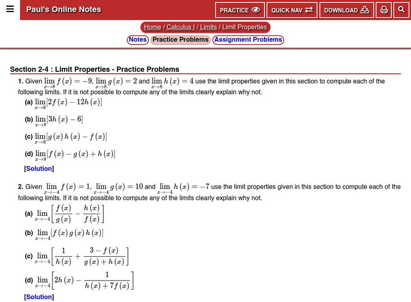 Paul's Online Notes: Limit Properties: Practice Page Unknown Type Paul's Online Notes: Limit Properties: Practice Page Unknown Type