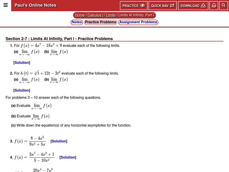 Paul's Online Notes: Limits at Infinity, Part I: Practice Problems Unknown Type Paul's Online Notes: Limits at Infinity, Part I: Practice Problems Unknown Type
