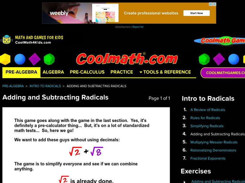 Coolmath: Adding and Subtracting Radicals Activity