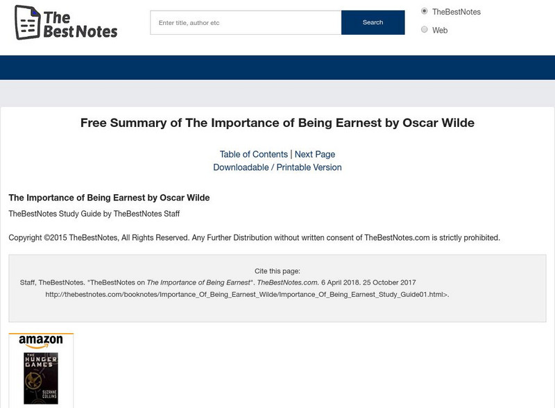 The Best Notes: The Importance of Being Earnest by Oscar Wilde Unit Plan The Best Notes: The Importance of Being Earnest by Oscar Wilde Unit Plan