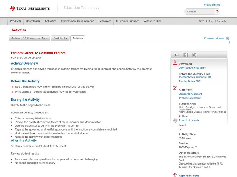 Texas Instruments: Factors Galore A: Common Factors Activity Texas Instruments: Factors Galore A: Common Factors Activity
