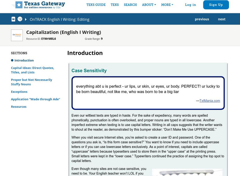 Texas Gateway: Capitalization (English I Writing) Unit Plan Texas Gateway: Capitalization (English I Writing) Unit Plan