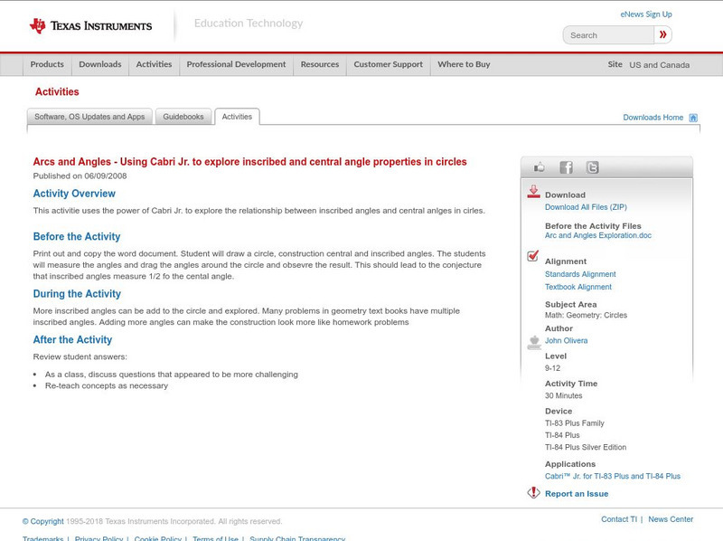 Texas Instruments: Arcs and Angles: Explore Inscribed & Central Angle Properties Activity Texas Instruments: Arcs and Angles: Explore Inscribed & Central Angle Properties Activity