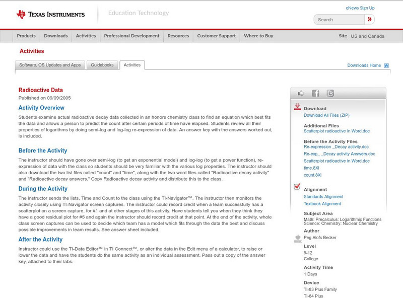 Texas Instruments: Radioactive Data Activity Texas Instruments: Radioactive Data Activity