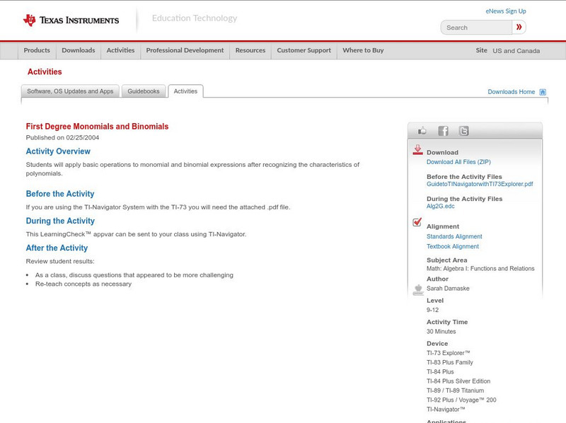 Texas Instruments: First Degree Monomials and Binomials Activity Texas Instruments: First Degree Monomials and Binomials Activity