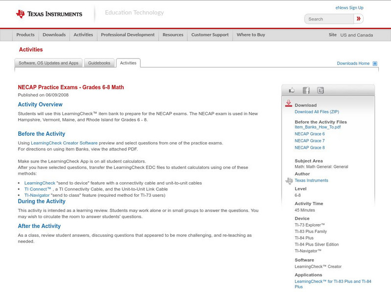 Texas Instruments: Rhode Island Necap Practice Exam Grade 8 Math Activity