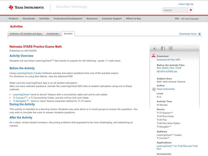 Texas Instruments: Nebraska Stars Practice Exams Math Activity