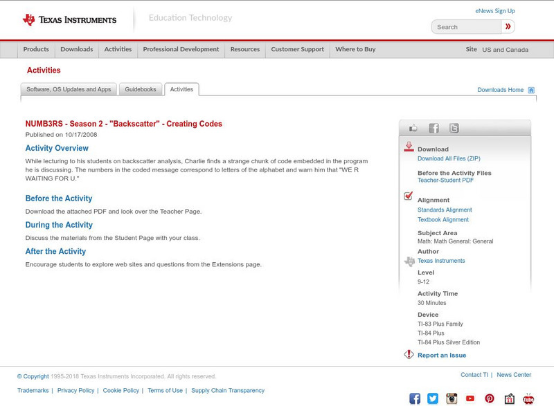 Texas Instruments: Numb3 Rs: Creating Codes Activity