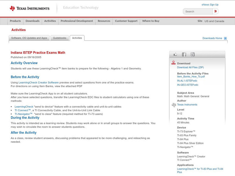 Texas Instruments: Indiana Istep Practice Exams Math Activity