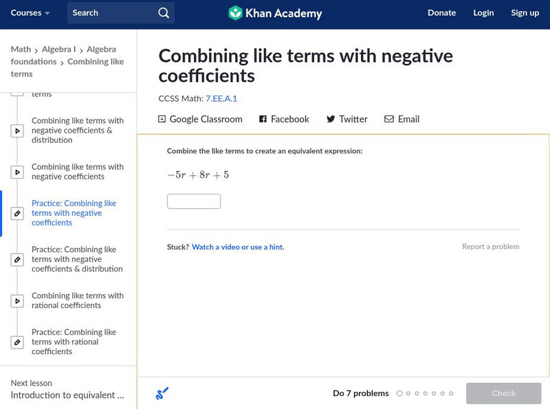 Khan Academy: Combining Like Terms With Negative Coefficients Unit Plan