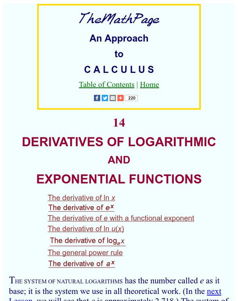 The Math Page: An Approach to Calculus: Derivatives of Logarithmic and Exponential Functions Activity The Math Page: An Approach to Calculus: Derivatives of Logarithmic and Exponential Functions Activity