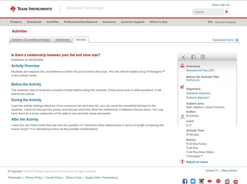 Texas Instruments: Is There a Relationship Between Your Fist and Shoe Size? Activity