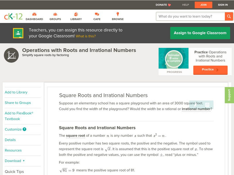 Ck 12: Algebra: Square Roots and Irrational Numbers Unit Plan Ck 12: Algebra: Square Roots and Irrational Numbers Unit Plan