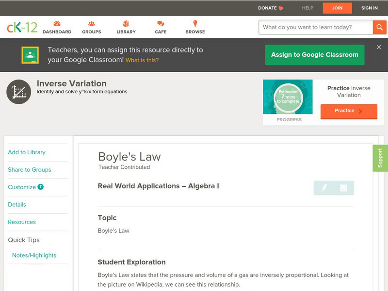 Ck 12: Real World Application: Algebra: Boyle's Law Unit Plan