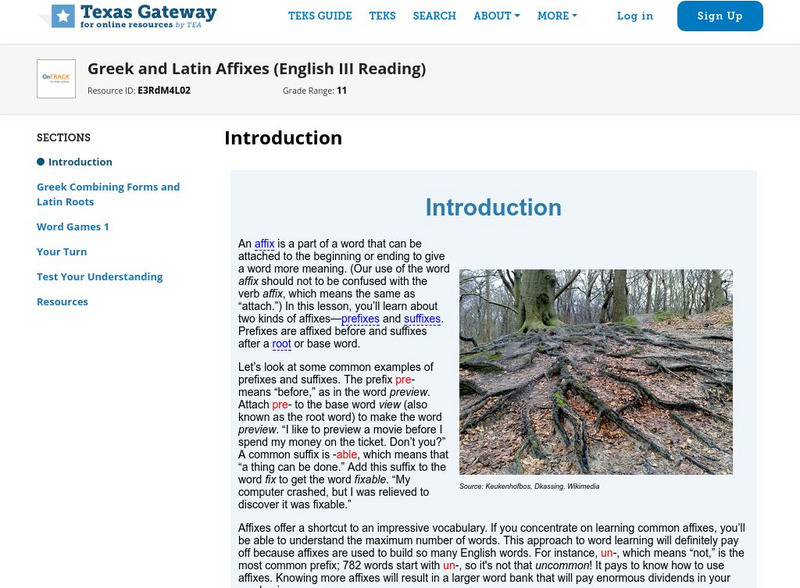 Texas Gateway: Greek and Latin Affixes (English Iii Reading) Unit Plan Texas Gateway: Greek and Latin Affixes (English Iii Reading) Unit Plan