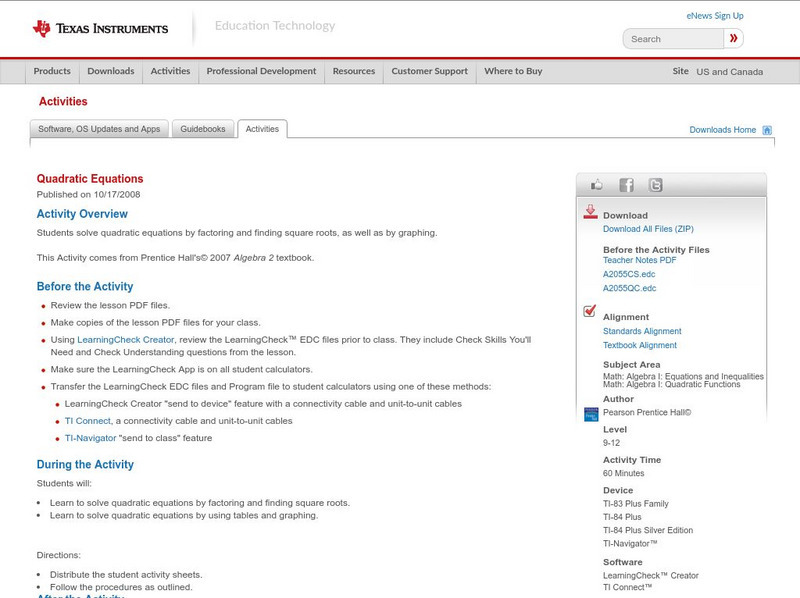 Texas Instruments: Quadratic Equations Activity Texas Instruments: Quadratic Equations Activity