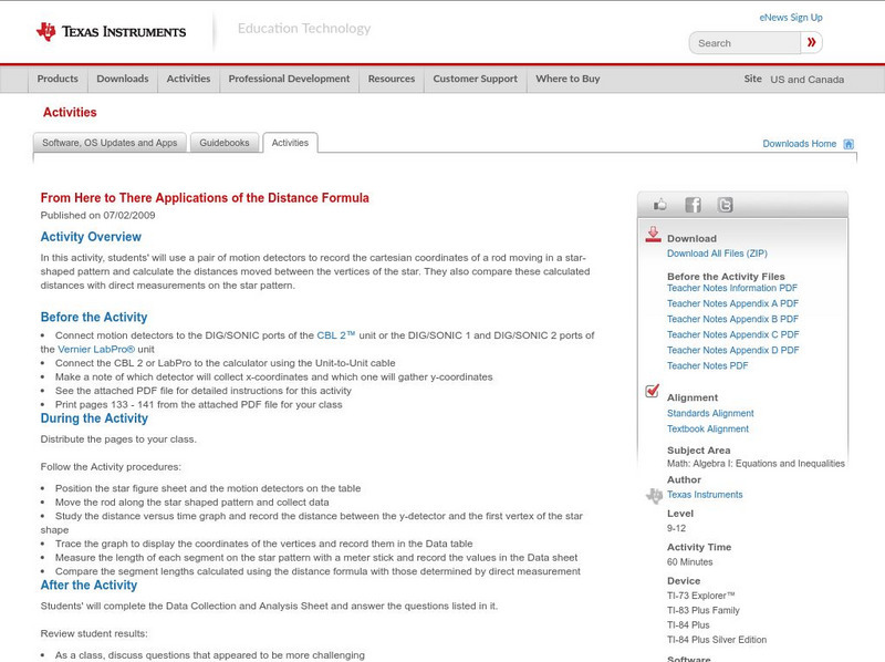 Texas Instruments: From Here to There Applications of the Distance Formula Activity Texas Instruments: From Here to There Applications of the Distance Formula Activity