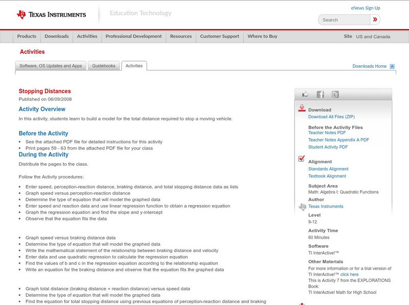 Texas Instruments: Stopping Distances Activity Texas Instruments: Stopping Distances Activity