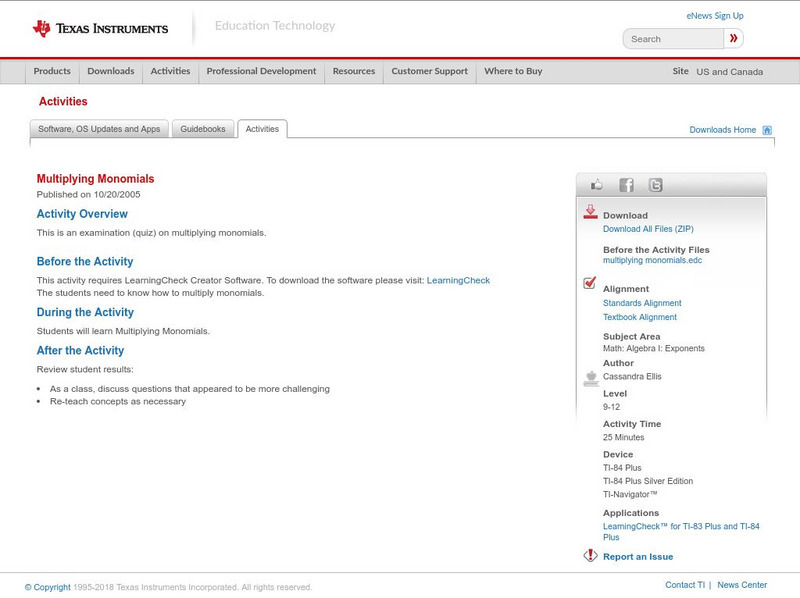Texas Instruments: Multiplying Monomials Activity