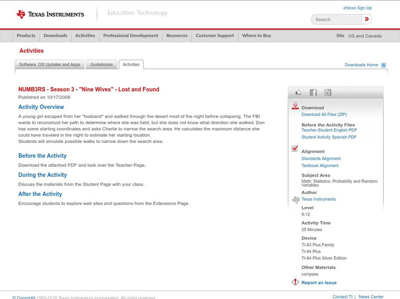 Texas Instruments: Numb3 Rs: Lost and Found Activity Texas Instruments: Numb3 Rs: Lost and Found Activity